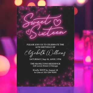 Sweet 16 Birthday Hot Pink Neon Glow Dark Party Invitation
