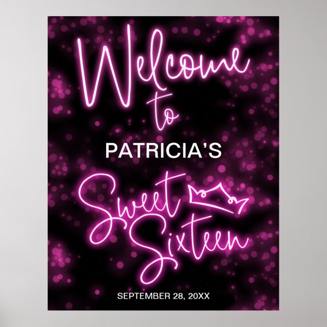 Sweet 16 Birthday Hot Pink Neon Glow Welcome Sign (Front)