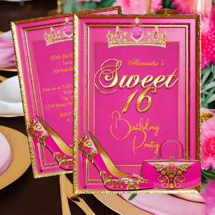 Sweet 16 Birthday Hot Pink Tiara Heel Gold Handbag Invitation
