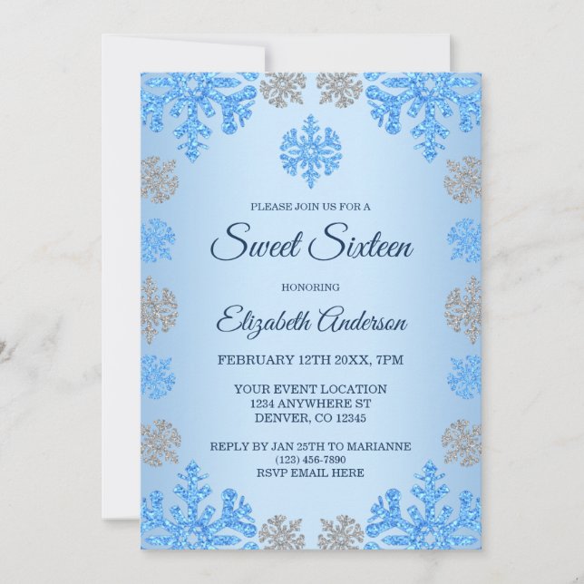Sweet 16 Birthday Ice Blue Silver Winter Snowflake Invitation (Front)