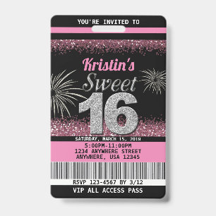 Sweet 16 Birthday Invitations in Blush Pink ID Badge