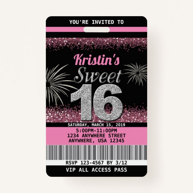 Sweet 16 Birthday Invitations in Blush Pink ID Badge (Front)