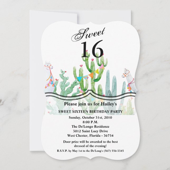 Sweet 16 Birthday Invite Boho Llama Bohemian Cacti (Front)