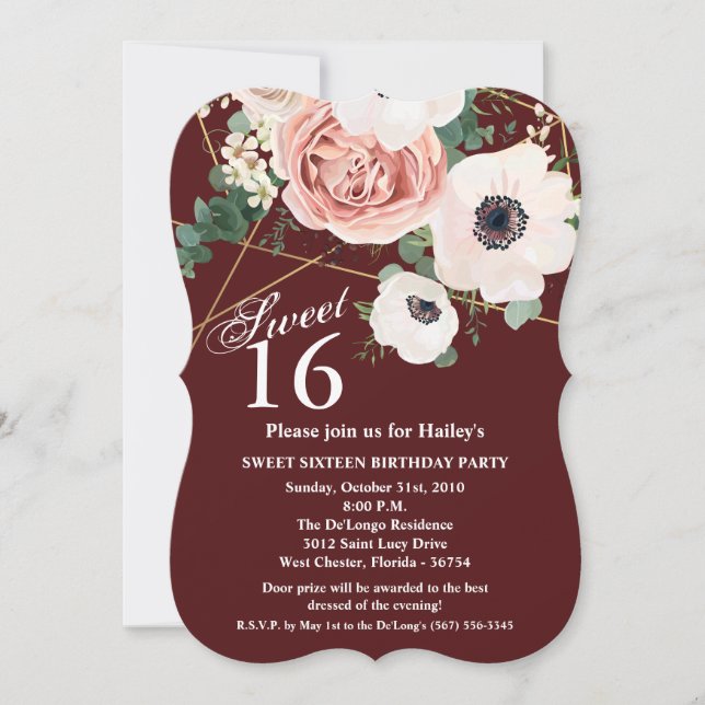 Sweet 16 Birthday Invite Geometric Garden Wine Bur (Front)