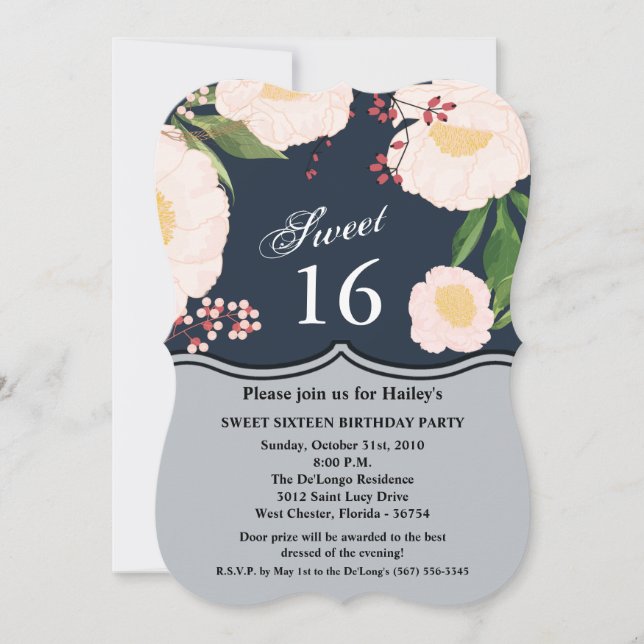 Sweet 16 Birthday Invite White Floral Flowers on D (Front)