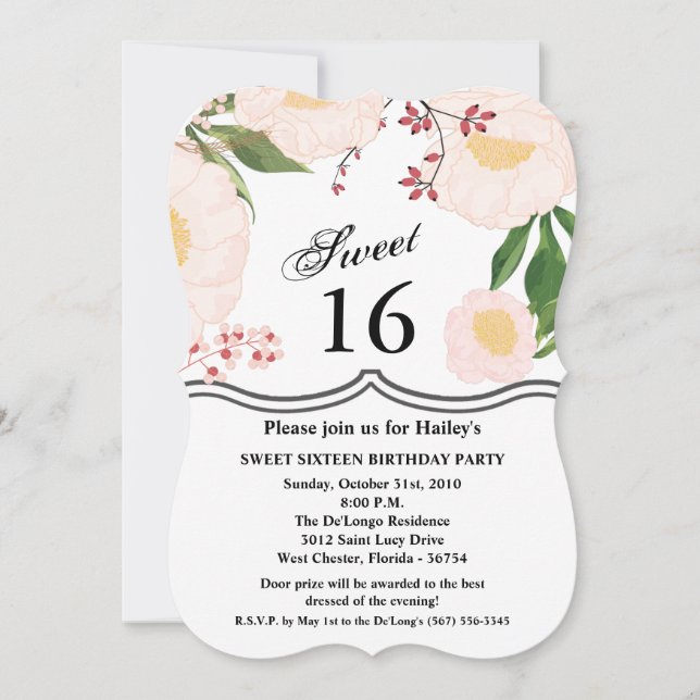 Sweet 16 Birthday Invite White Floral Flowers on W (Front)