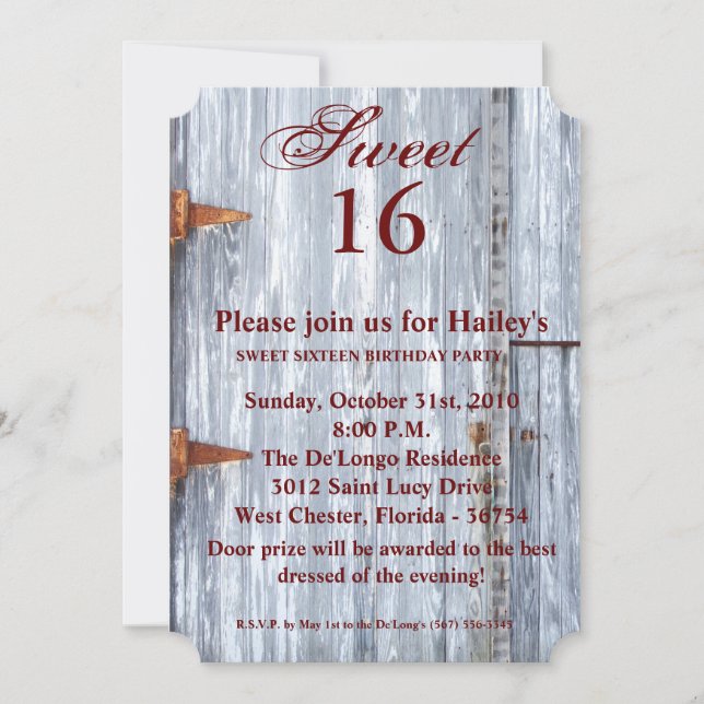 Sweet 16 Birthday Invite White Wash Wood Barn Door (Front)