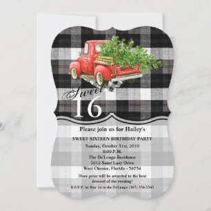 Sweet 16 Birthday Invite XMAS Truck Baffalo Plaid
