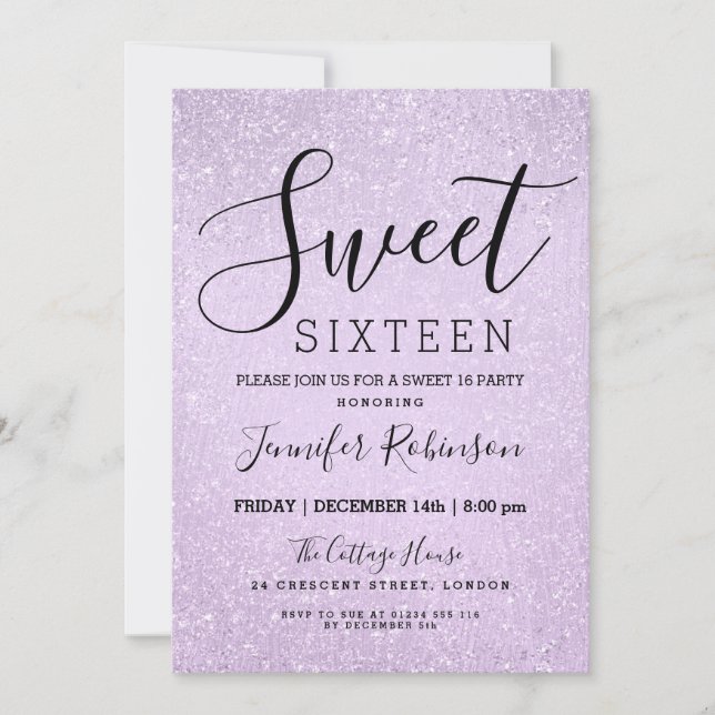 Sweet 16 Birthday Lavender Glitter Look Paint Invitation (Front)