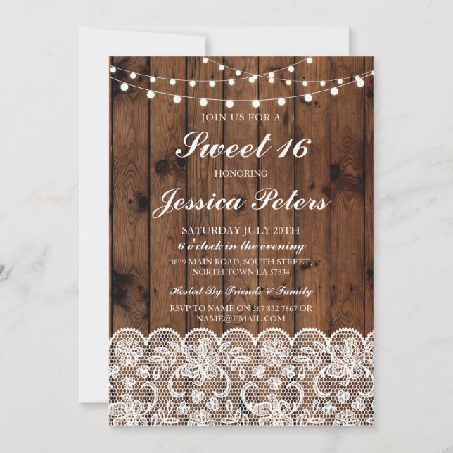 Sweet 16 Birthday Lights Rustic Wood Lace Invite (Front)