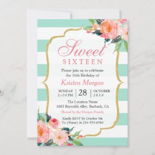 Sweet 16 Birthday   Mint Green Stripes Pink Floral Invitation