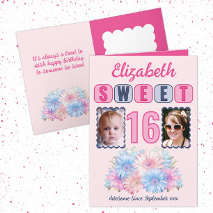 Sweet 16 birthday name 2 photo floral pink card