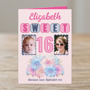 Sweet 16 birthday name 2 photo floral pink card