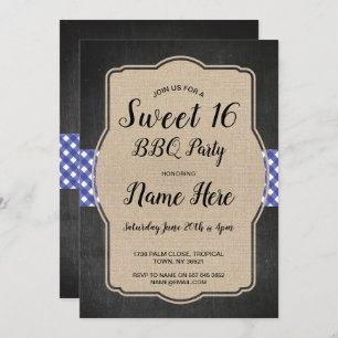 Sweet 16 Birthday Party BBQ Blue Gingham Burlap Invitation