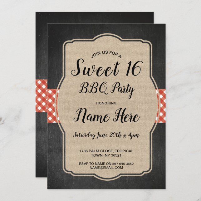Sweet 16 Birthday Party BBQ Red Gingham Burlap Invitation (Front/Back)