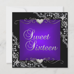 Sweet 16 Birthday Party Black Bright Deep Purple Invitation