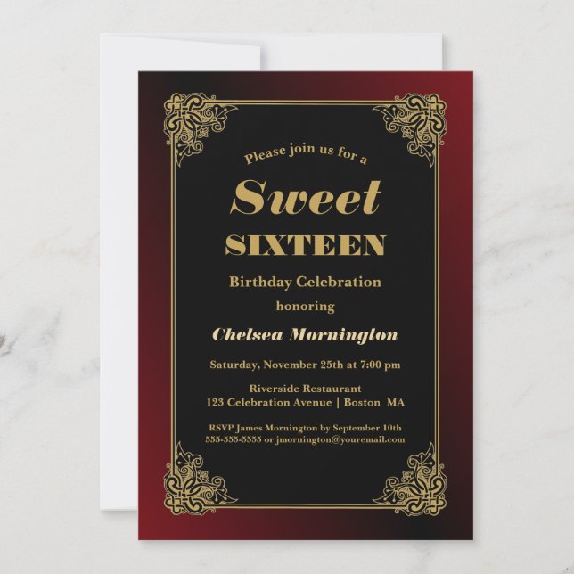 Sweet 16 Birthday Party Black Red with Gold Frame Invitation (Front)