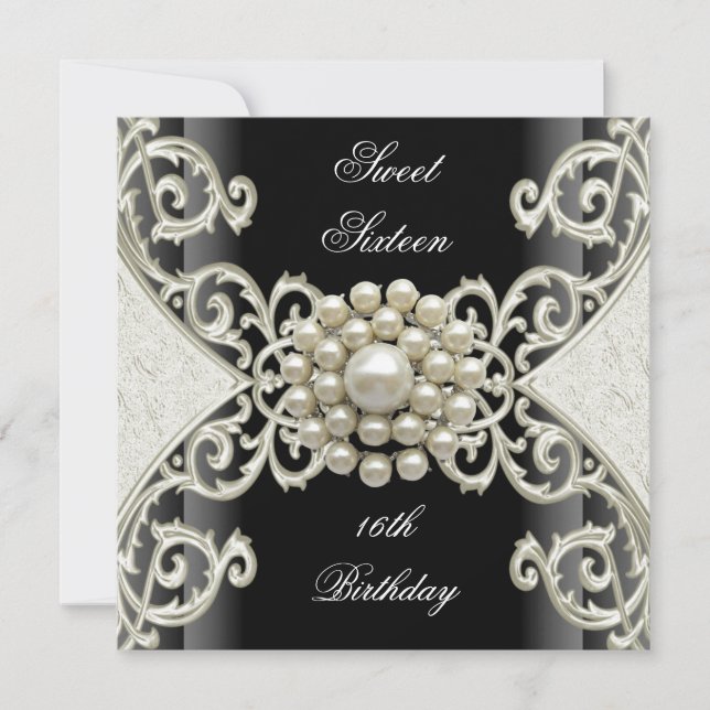 Sweet 16 Birthday Party Black White Cream Pearl Invitation (Front)