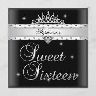 Sweet 16 Birthday Party Black White Tiara Invitation
