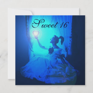 SWEET 16 BIRTHDAY PARTY, BLUE BLACK WHITE DAMASK INVITATION