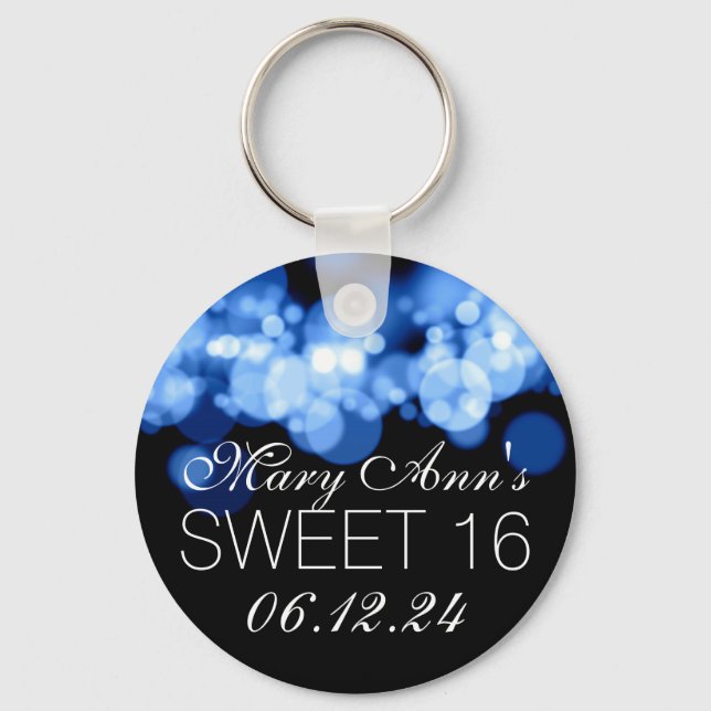 Sweet 16 Birthday Party Blue Bokeh Lights Key Ring (Front)