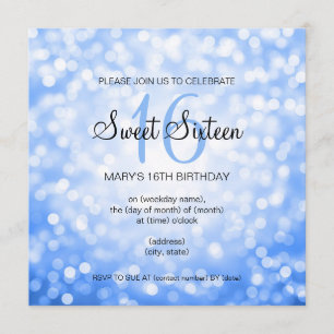 Sweet 16 Birthday Party Blue Glitter Lights Invitation