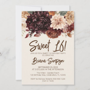 Sweet 16 Birthday Party Brown Beige Ivory Floral Invitation