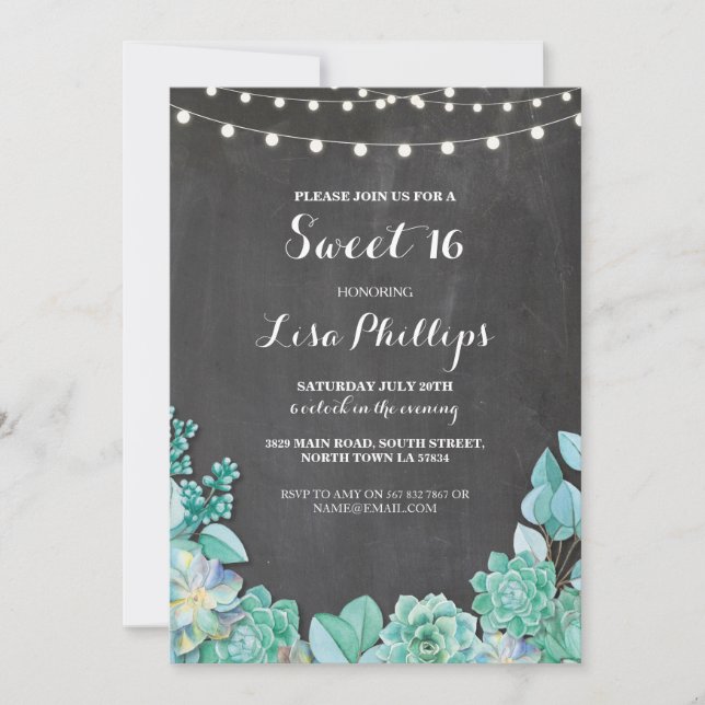 Sweet 16 Birthday Party Chalk Succulents Invite 18 (Front)