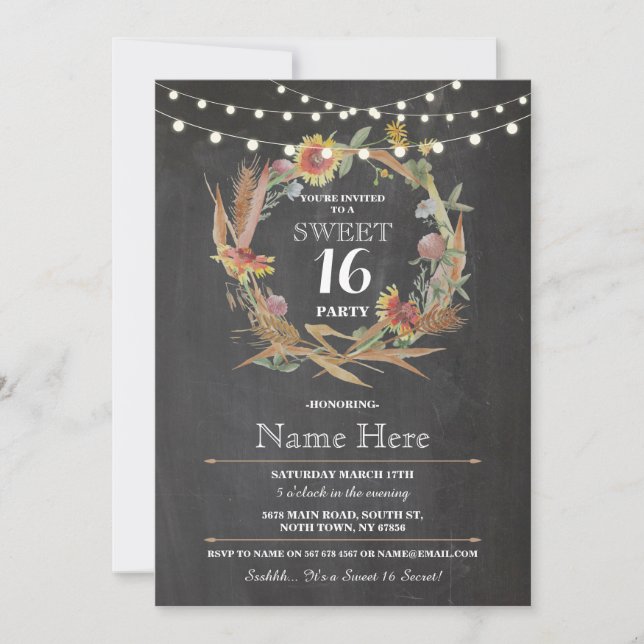Sweet 16 Birthday Party Chalk Wreath Floral Invite (Front)