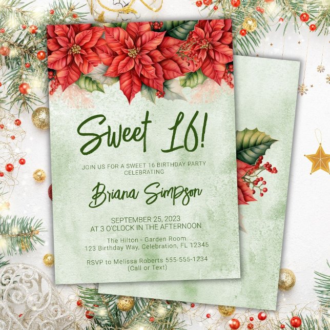 Sweet 16 Birthday Party Christmas Poinsettia Invitation (Creator Uploaded)