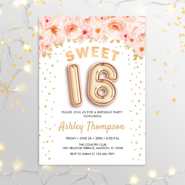Sweet 16 Birthday Party - Floral Gold Balloons Invitation (Creator Uploaded)