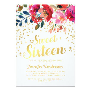 Sweet 16 Birthday Party | Floral Gold Glitter Invitation