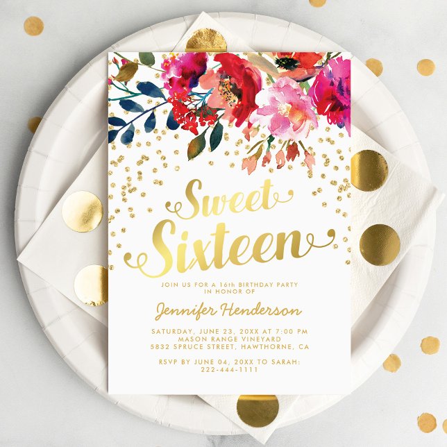 Sweet 16 Birthday Party | Floral Gold Glitter Invitation (Creator Uploaded)
