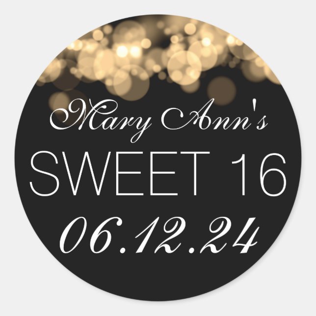 Sweet 16 Birthday Party Gold Bokeh Lights Classic Round Sticker (Front)