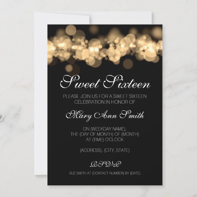 Sweet 16 Birthday Party Gold Bokeh Lights Invitation (Front)
