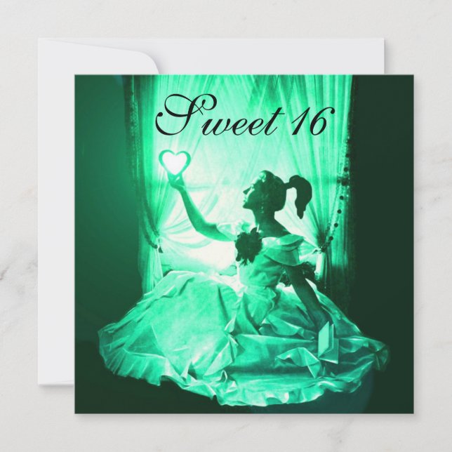 SWEET 16 BIRTHDAY PARTY,GREEN YELLOW BLACK DAMASK INVITATION (Front)