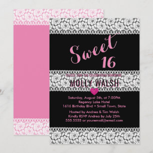Sweet 16 Birthday Party Lace Black Pink Heart Invitation