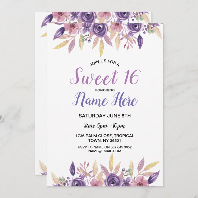 Sweet 16 Birthday Party Lavender Flowers Floral Invitation (Front/Back)