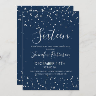 Sweet 16 Birthday Party Navy Silver Foil Dots Invitation