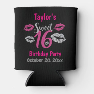 Sweet 16 Birthday Party Pink Black Glitter Sparkle Can Cooler
