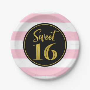 Sweet 16 Birthday Party Pink Black White Stripes P Paper Plate