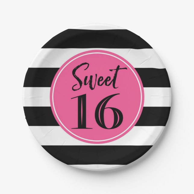 Sweet 16 Birthday Party Pink Black White Stripes Paper Plate (Front)