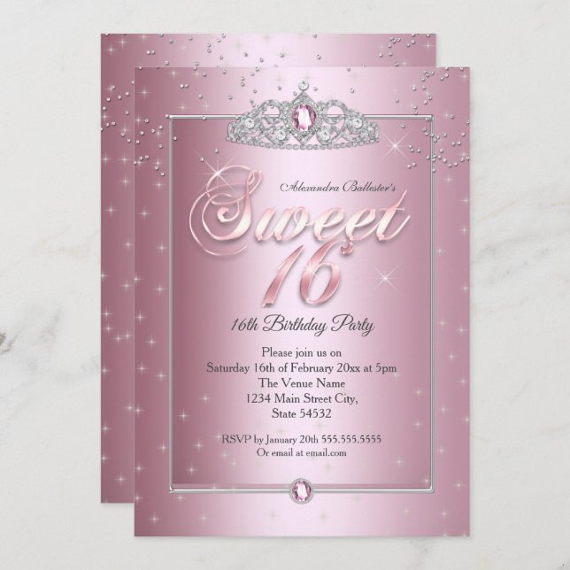 Sweet 16 Birthday Party Pink Diamond Silver Tiara  Invitation (Front/Back)