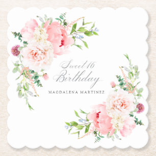 Sweet 16 Birthday Party Pink Floral Custom Paper Coaster