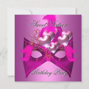 Sweet 16 Birthday Party Pink Mask Balloons Invitation