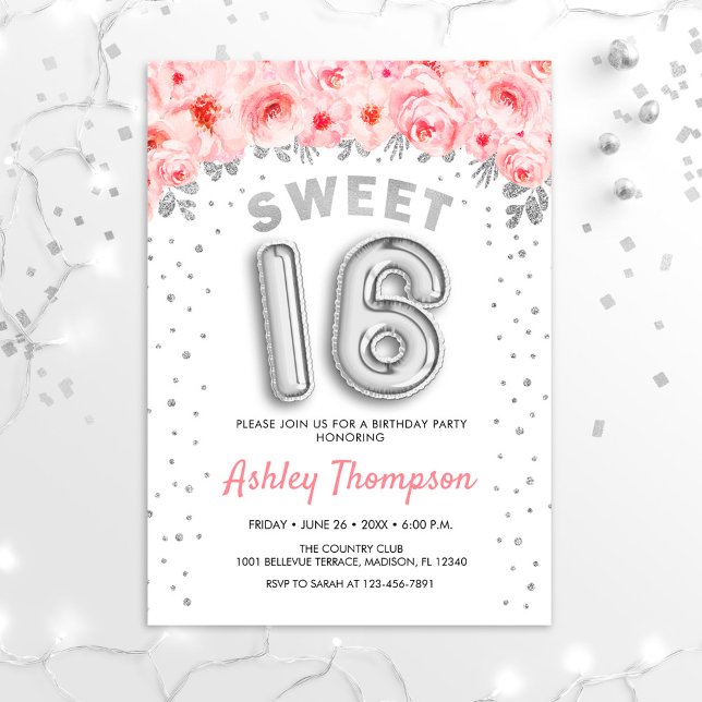 Sweet 16 Birthday Party - Pink Silver Balloons Invitation (Creator Uploaded)