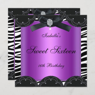 Sweet 16 Birthday Party Purple Black White Zebra Invitation