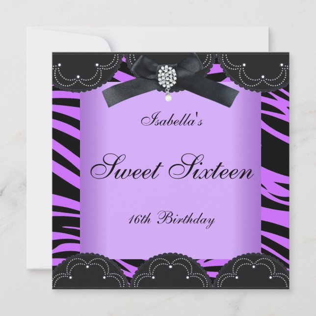Sweet 16 Birthday Party Purple Black Zebra Invitation (Front)