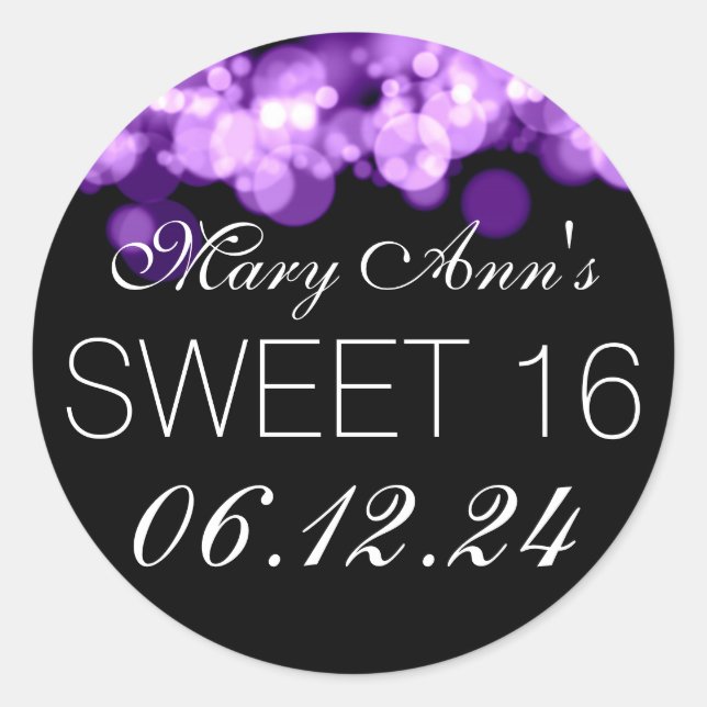 Sweet 16 Birthday Party Purple Bokeh Lights Classic Round Sticker (Front)