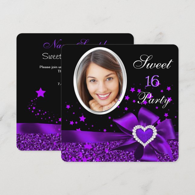 Sweet 16 Birthday Party Purple Heart Photo Glitter Invitation (Front/Back)